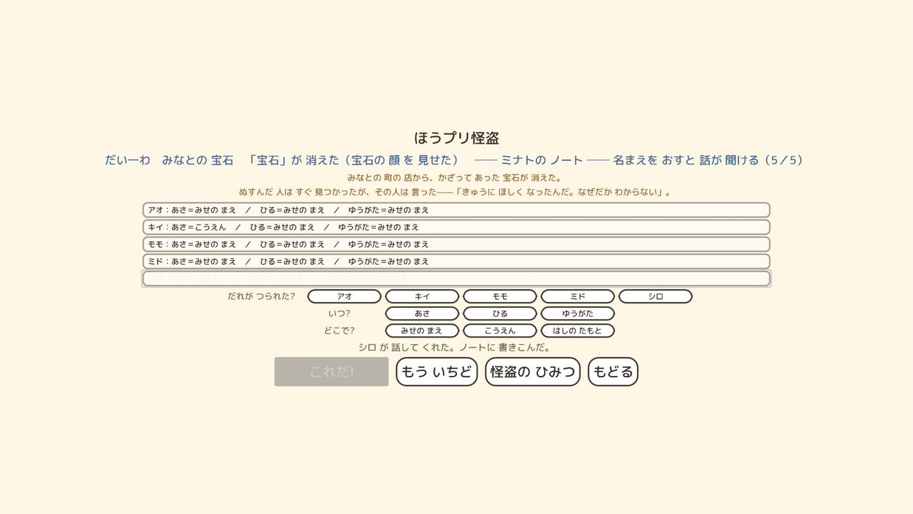 ほうプリ怪盗。町の人の話を聞いてミナトのノートに表を作る